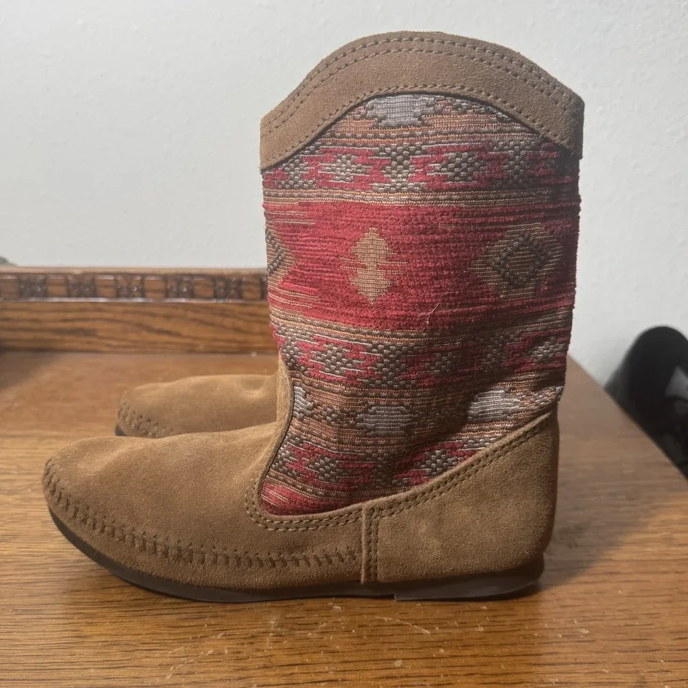 Minnetonka Women's Size 6 Suede Tapestry Side Zip Moc Toe Boots Brown Red